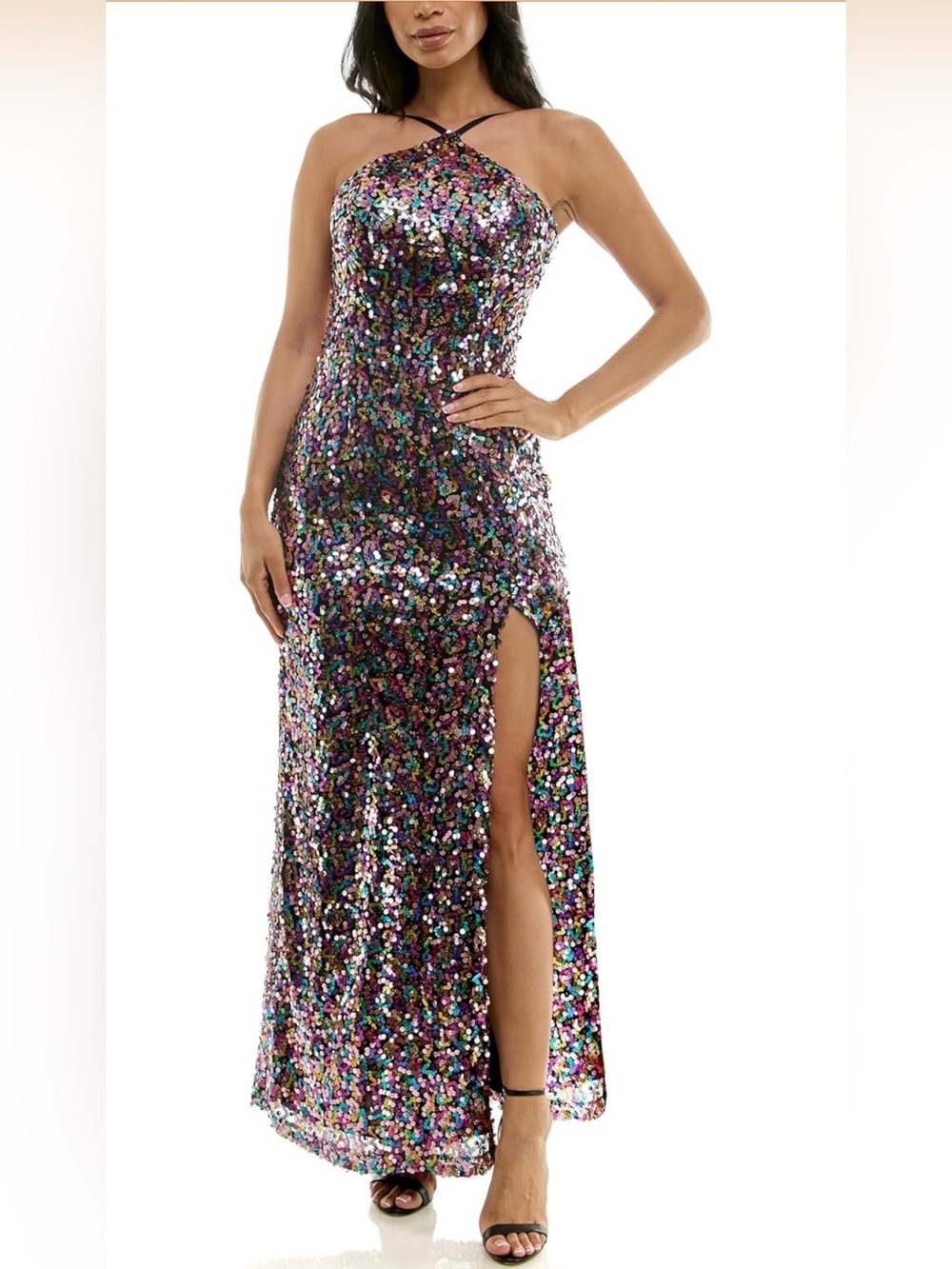 Sequined Multicolor Halter Maxi Dress with High Slit